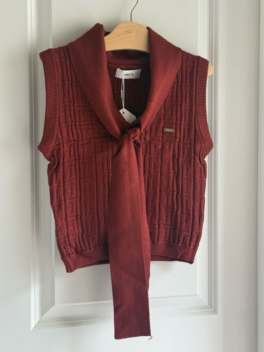 Chic Crop Sleeveless Knit Top with Neck Tie - Burnt orange color